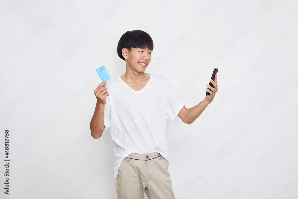 man Holding a card with a phone man Holding a card with a phone