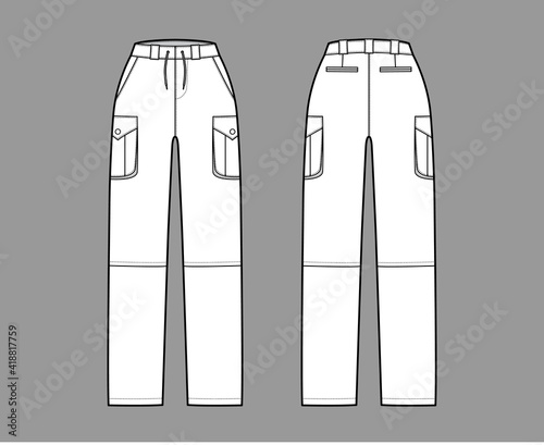 Set of Zip-off convertible pants technical fashion illustration with normal waist, high rise, cargo jetted pockets, belt loops. Flat template front back, white color style. Women men unisex CAD mockup