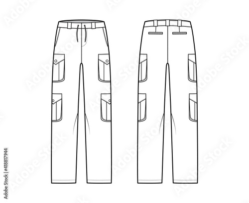 Set of cargo pants technical fashion illustration with low waist, rise, pockets, belt loops, full lengths. Flat bottom apparel template front back, white, color style. Women, men, unisex CAD mockup