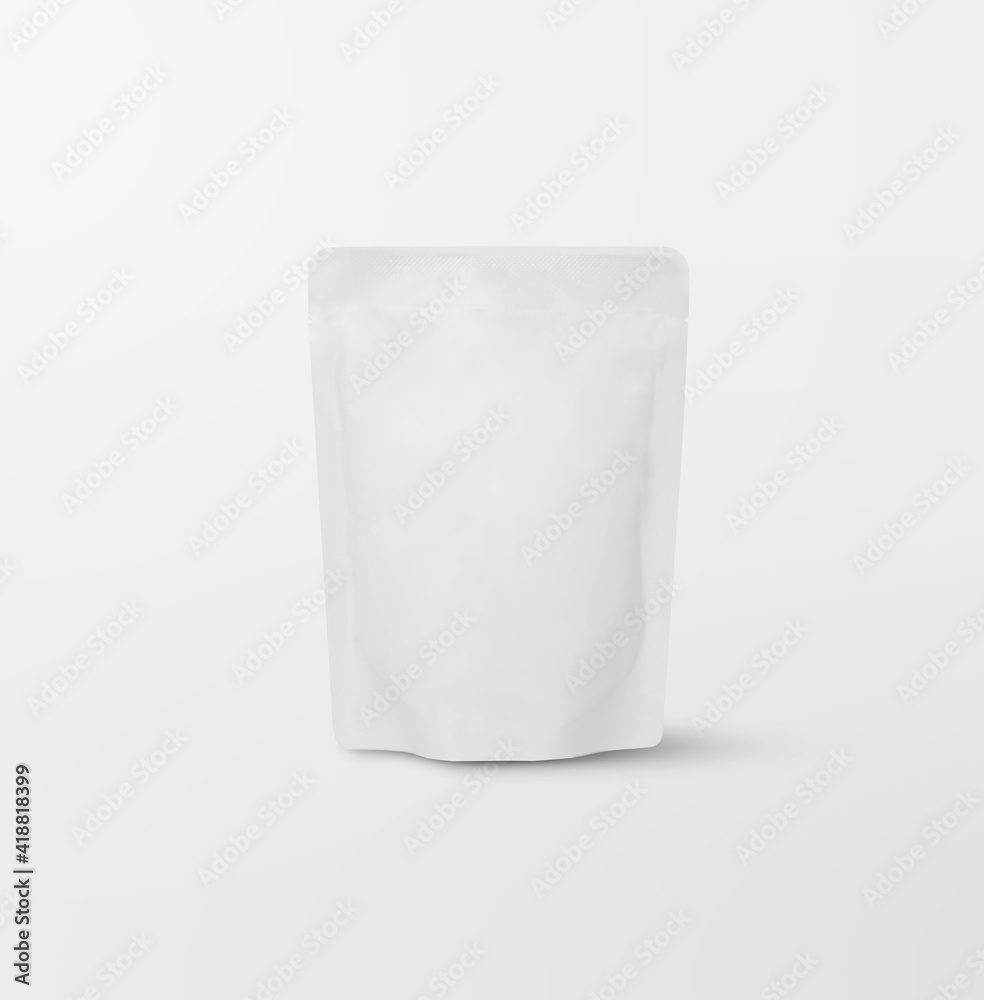 front view of a stand up doy pack pouch package for coffee, snack, chips, spice, etc. blank white label vacuum sachet bag for product packaging branding.