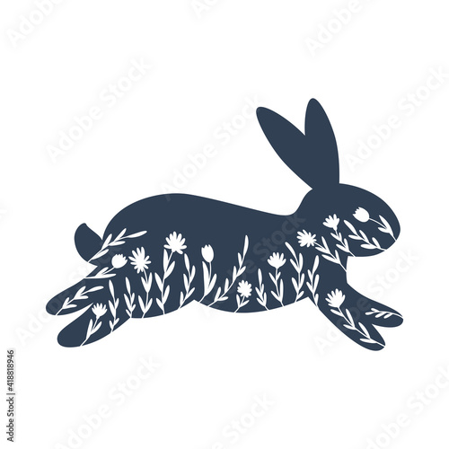 Happy Easter greeting card of bunny, rabbit icon, decorated with flowers.