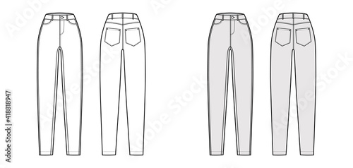 Jeans tapered Denim pants technical fashion illustration with full length, normal waist, high rise, 5 pockets, Rivets, belt loops. Flat bottom front back, white, grey color style. Women men unisex CAD
