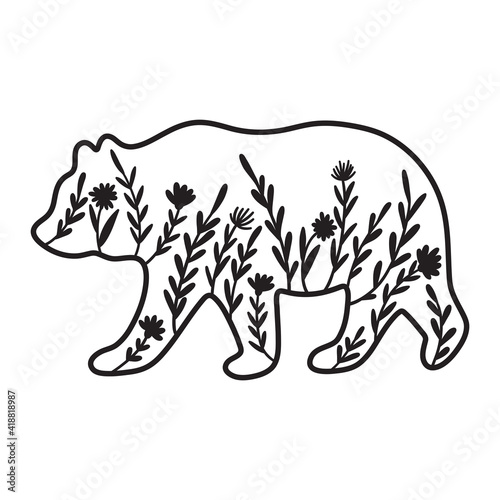 Bear silhouette decorated with flowers. Animal poster, apparel print.