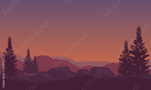 Amazing view of silhouetted mountains and cypress trees at dusk. Vector illustration