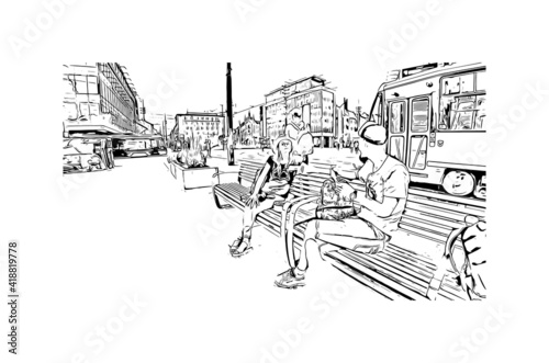 Building view with landmark of Katowice is the 
city in Poland. Hand drawn sketch illustration in vector.