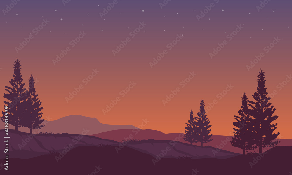 Incredible views over the countryside at sunset with mountains and cypress trees all around. Vector illustration Incredible views over the countryside at sunset with mountains and cypress trees all around. Vector illustration
