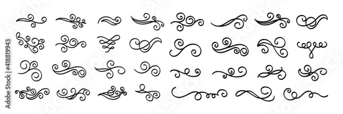 Set of vintage calligraphic flourish, curls, dividers, scrolls and swirls. Simple design elements. Hand drawn flourish vector collection.