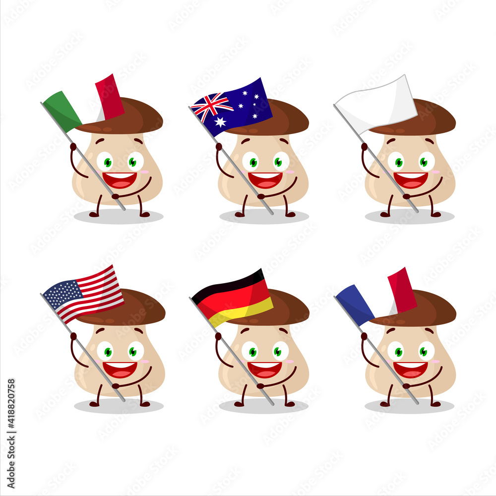 Boletus edulis cartoon character bring the flags of various countries Boletus edulis cartoon character bring the flags of various countries