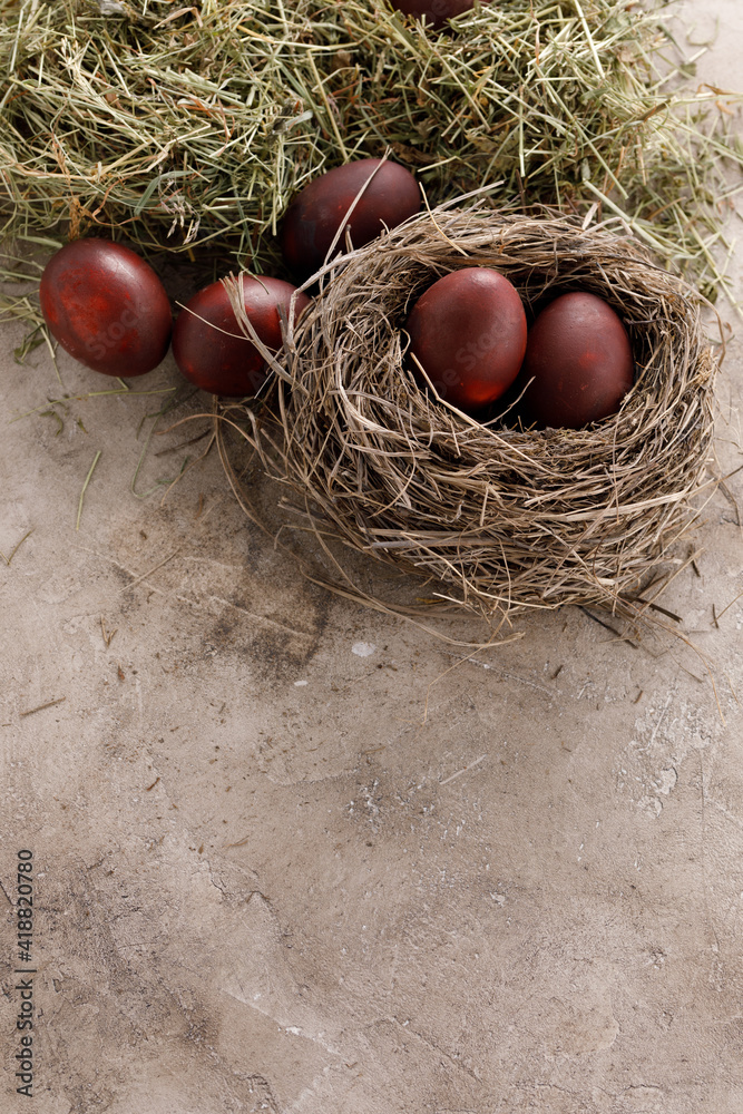 Still life many colorful easter eggs on a textural background. Rustic. Decoration from natural herbs. Easter celebration concept. Still life many colorful easter eggs on a textural background. Rustic. Decoration from natural herbs. Easter celebration concept.