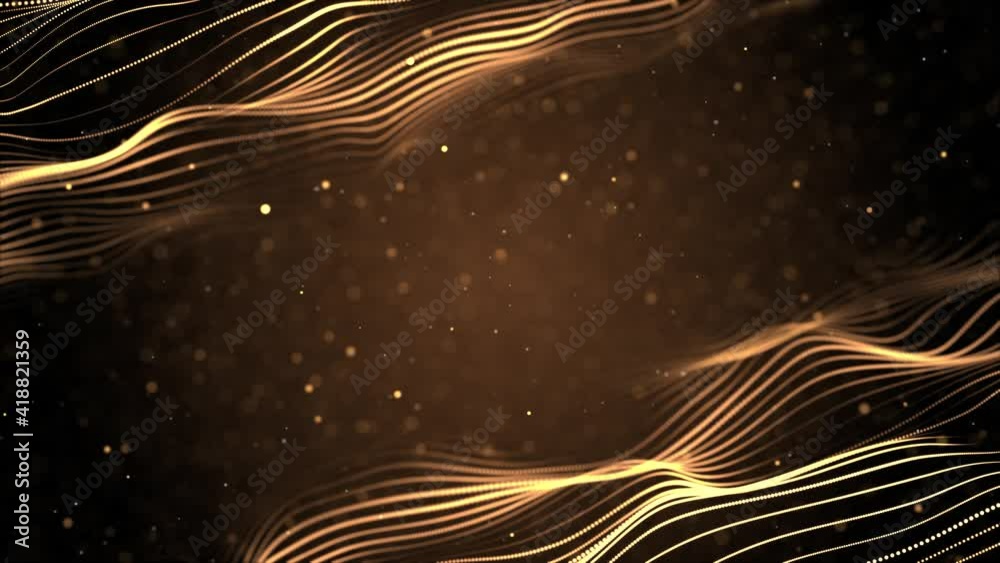 Golden Particles wave flow with dust and bokeh. event business clean bright glitter concert stage background loop Animation. event, concert, music, show, Awards, fashion, festival, night, club, stage.