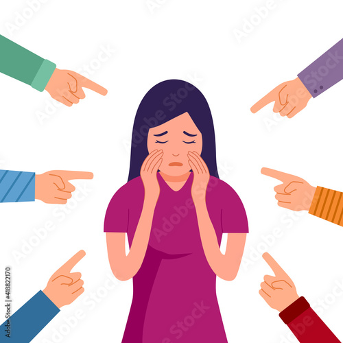 Sad or depressed woman crying and surrounded by hands with index fingers. Accusation guilty concept vector in flat design. Public blame.	