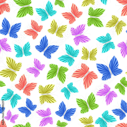 Seamless pattern of many multicolored flying butterflies on a white background