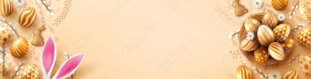 Easter poster and banner template with Easter eggs in the nest,cute bunny ears and copy space.Greetings and presents for Easter Day in flat lay styling.Promotion and shopping template for Easter Easter poster and banner template with Easter eggs in the nest,cute bunny ears and copy space.Greetings and presents for Easter Day in flat lay styling.Promotion and shopping template for Easter