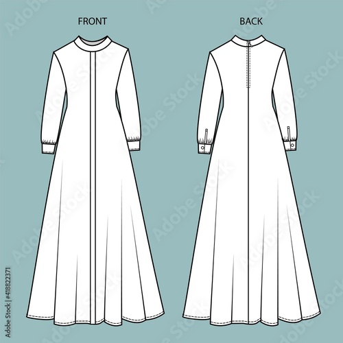 dress front and back view. Islamic dress fashion flat sketch template.  