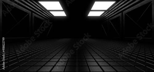Fototapeta Naklejka Na Ścianę i Meble -  A dark corridor lit by white neon lights. Reflections on the floor and walls. 3d rendering image.