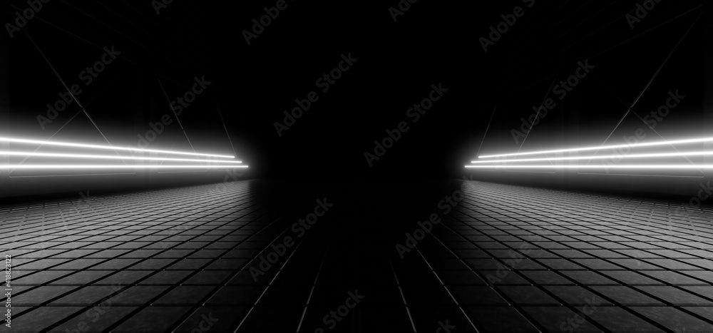 A dark corridor lit by white neon lights. Reflections on the floor and walls. 3d rendering image.