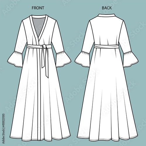 dress front and back view. Islamic dress fashion flat sketch template.  