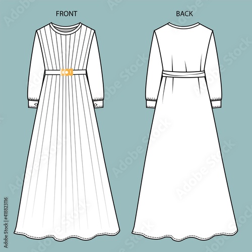 dress front and back view. Islamic dress fashion flat sketch template.  