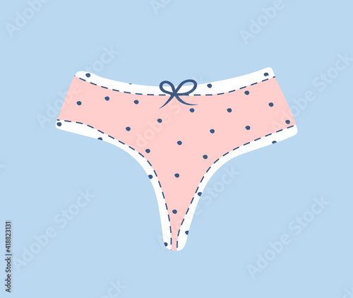 Trendy female panties. Cute pink underpants with bow. Home nightclothes. Modern hand drawn undergarments. Vintage vector illustration in flat cartoon style. Suitable for logo, icon, banner.