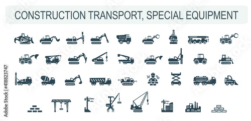 A set of vector illustrations of icons, special equipment for construction works, enterprises and other services and organizations