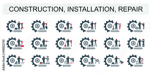 A set of vector illustrations of icons for repair, installation and maintenance of apartments and residential premises, finishing, painting, plumbing and other construction works.