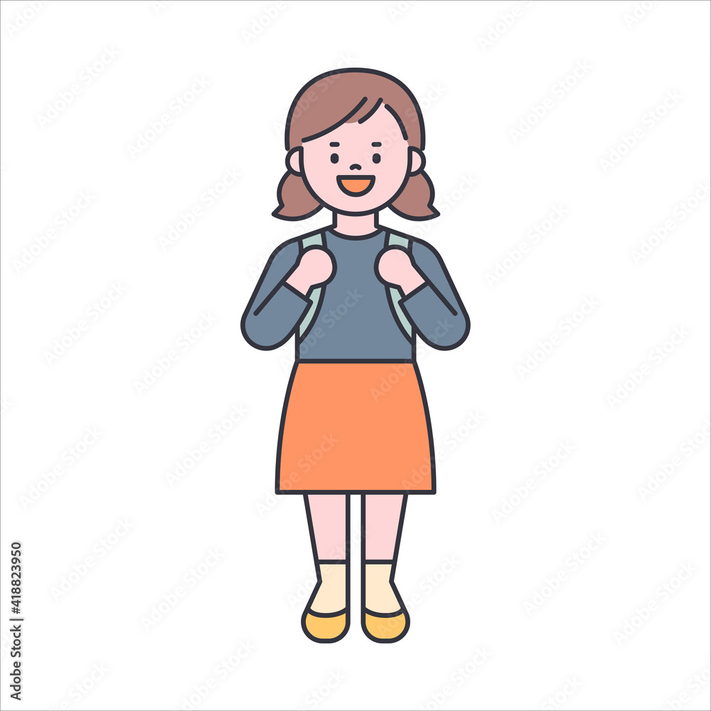 A cute little girl is standing wearing a school bag. flat design style minimal vector illustration. A cute little girl is standing wearing a school bag. flat design style minimal vector illustration.