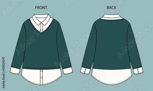 Women's Top Fashion Flat Sketch. blouse front and back view.