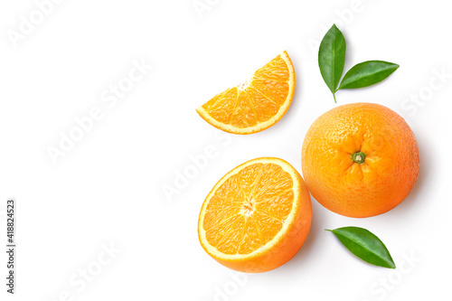 Flat lay  top view  of Orange fruit with cut in half and leaves on white background.