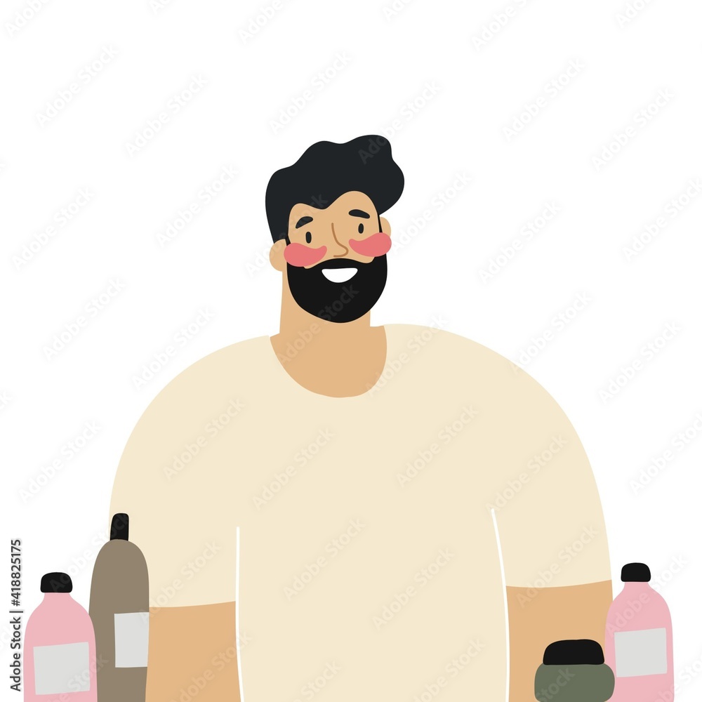 Young man and skin care, masks, patches, creams, cosmetics. Male beauty vector illustration.