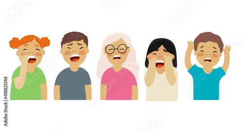 Little children cry. Vector flat illustration of children's emotions and bullying at school