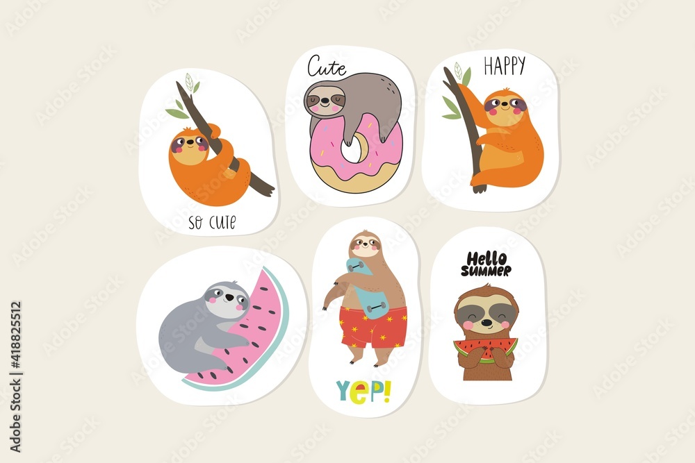 Cute stickers with sloth. Kawaii stickers 