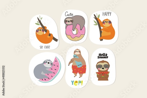 Cute stickers with sloth. Kawaii stickers 