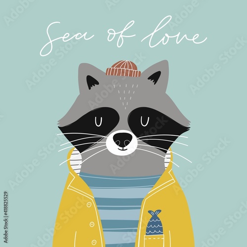 Cute poster with a character - sailor raccoon.  Print birthday party and Baby shower. Scandinavian style bedroom decor