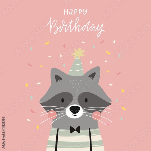 Cute poster with a character - sailor raccoon.  Print birthday party and Baby shower. Scandinavian style bedroom decor