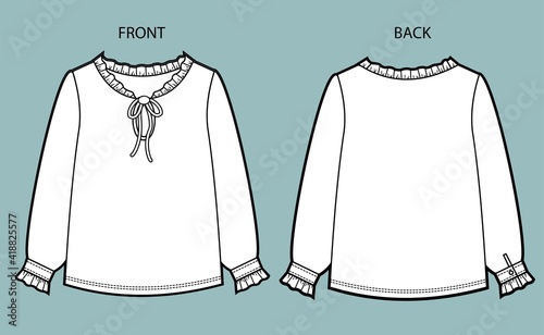 Women's Top Fashion Flat Sketch. blouse front and back view.