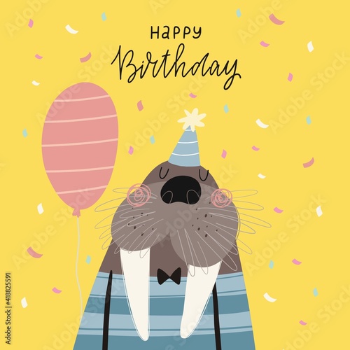 Birthday vector poster with cute sailor walrus. 