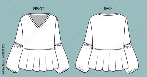 Women's Top Fashion Flat Sketch. blouse front and back view.