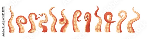 Set of octopus tentacles with suckers. Twisted long limbs of sea or ocean monsters. Arms of aquatic Kraken isolated on white background. Colored flat vector illustration of marine animal