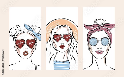 Portrait of a beautiful girl in the jungle. Summer print in a modern style. Fashion illustration