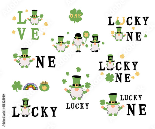 Designs with irish gnomes. St Patrick's Day concept. Great for first birthday decoration, t-shirt design, invitation. Vector illustration.