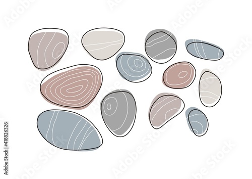 Abstract collage with shape with plant and stone. Flat illustration with sea stones, tropical leaves and and abstract shapes.