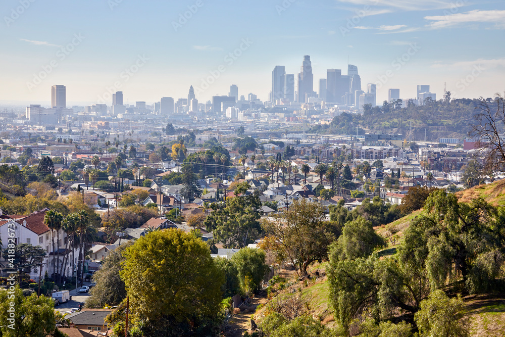Skyline of downtown Los Angeles California from the hilltops of east LA