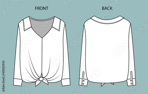 Women's Top Fashion Flat Sketch. blouse front and back view.