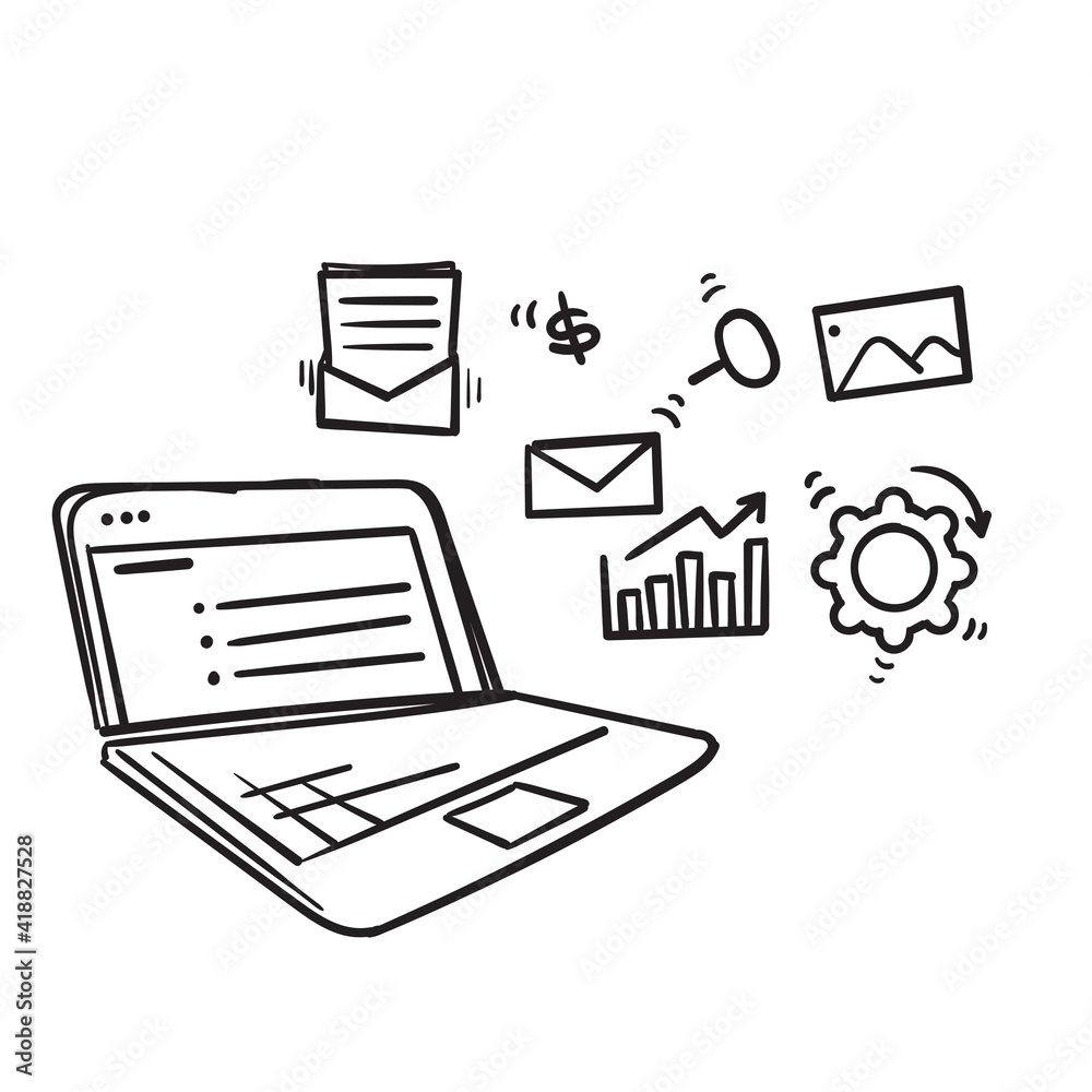 hand drawn Computer with open pages. Mail and business service concept illustration vector. hand drawn Computer with open pages. Mail and business service concept illustration vector.