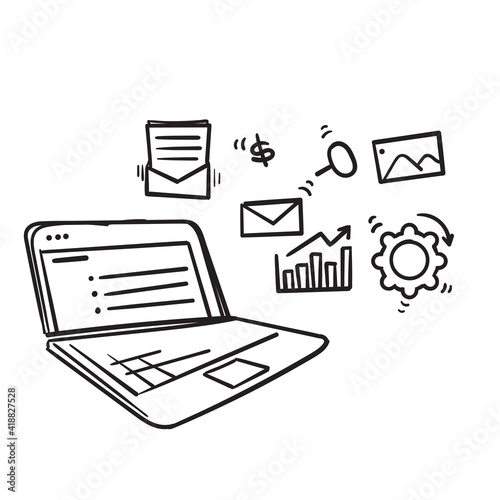 hand drawn Computer with open pages. Mail and business service concept illustration vector.