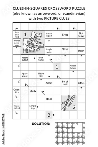 Clues-in-squares crossword puzzle, or arrow word puzzle, else arrowword, scandinavian, or scanword, skanword, with picture clues. General knowledge, non-themed, family friendly. Solution included.
 photo