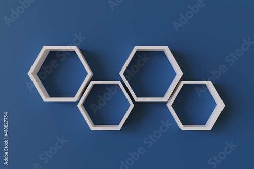 White hexagon shelves on Venice blue background. 3D rendering of shelf with background.