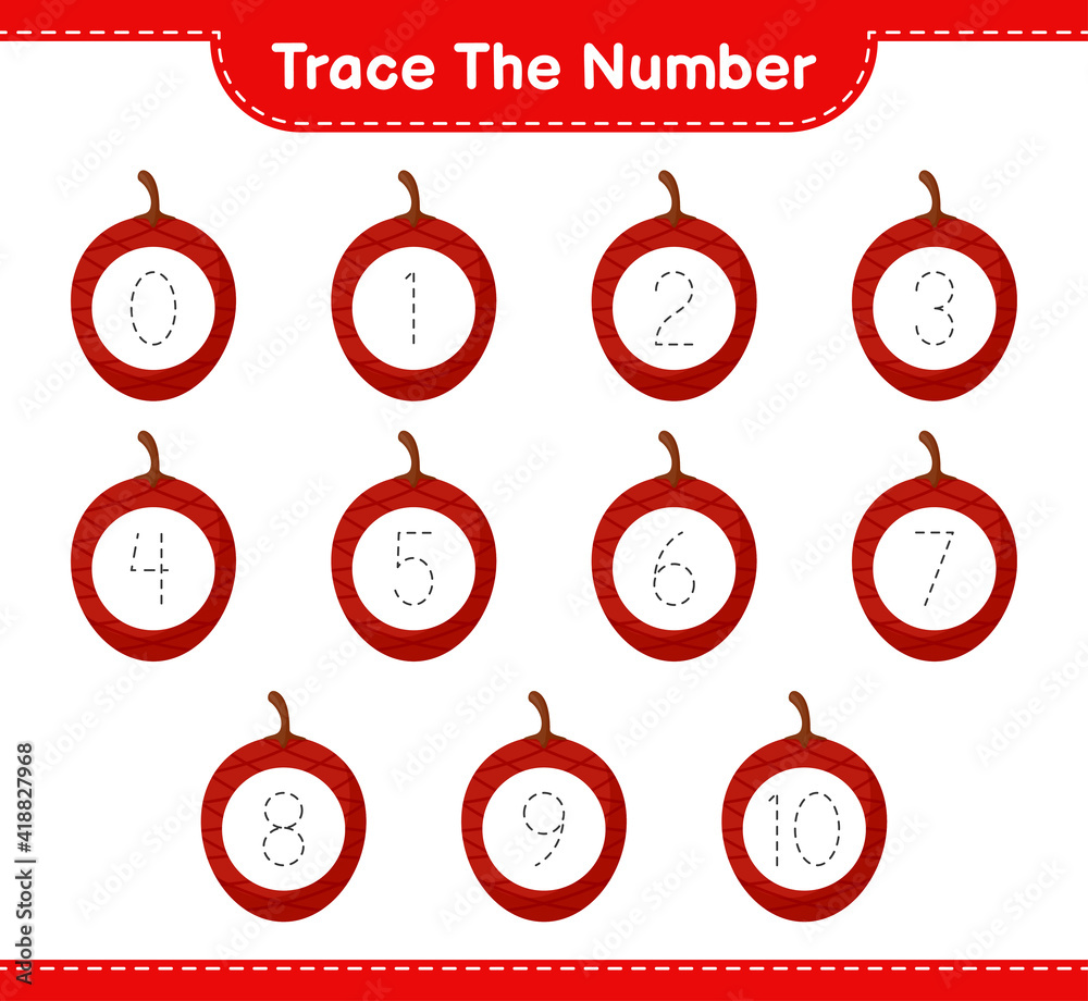 Trace the number. Tracing number with Ita Palm. Educational children game, printable worksheet, vector illustration Trace the number. Tracing number with Ita Palm. Educational children game, printable worksheet, vector illustration
