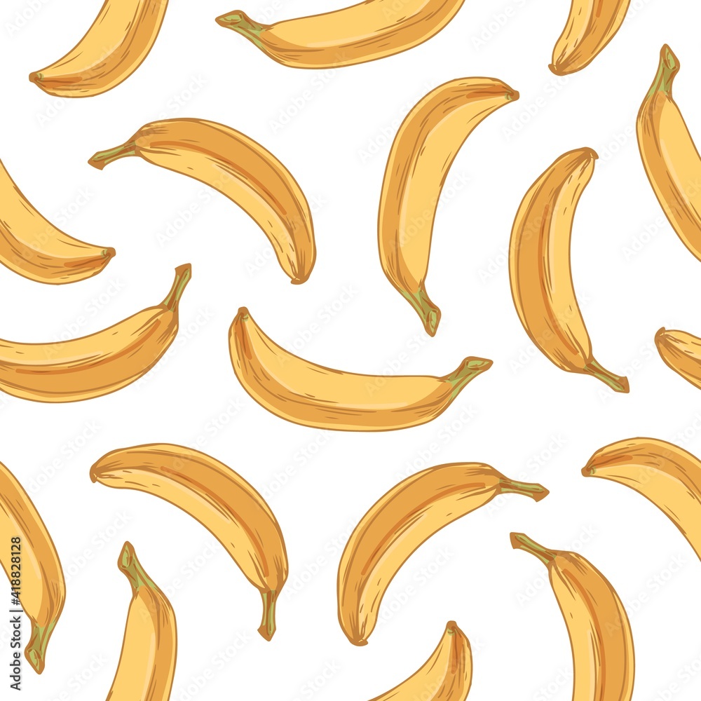Tropical seamless pattern with whole banana fruits on white background. Endless fruity Hawaiian design for printing and decoration. Hand-drawn colored vector illustration of wrapping decor
