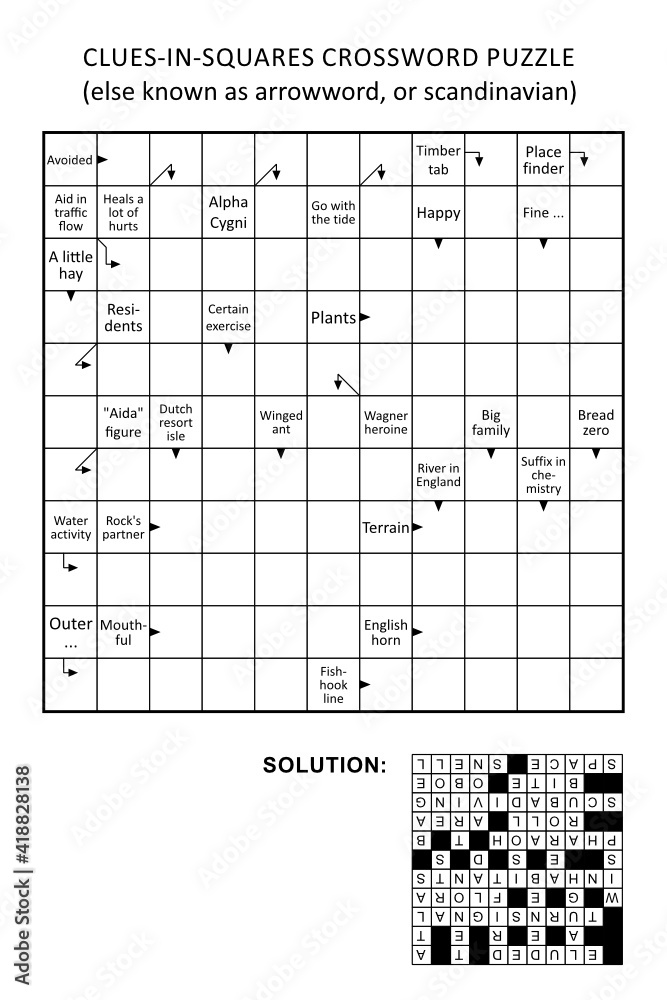 Clues-in-squares crossword puzzle, or arrow word puzzle, else arrowword